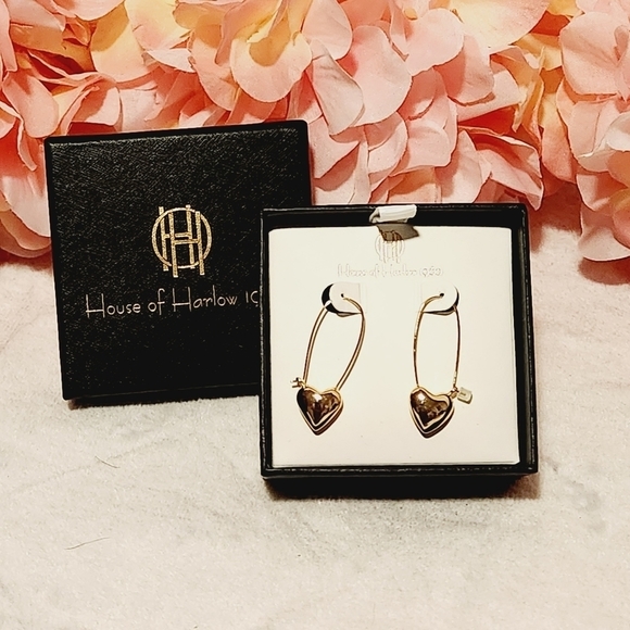 House of Harlow 1960 Gold Heart Safety Pin Earrings. - Picture 4 of 7